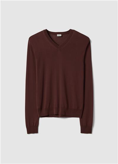 Kahverengi Lyocell ve Pamuklu Normal Kesim V Yaka Kazak