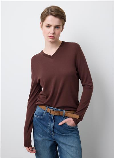 Kahverengi Lyocell ve Pamuklu Normal Kesim V Yaka Kazak