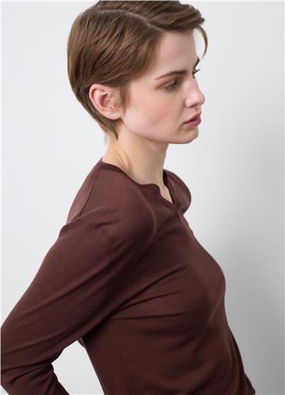 Kahverengi Lyocell ve Pamuklu Normal Kesim V Yaka Kazak