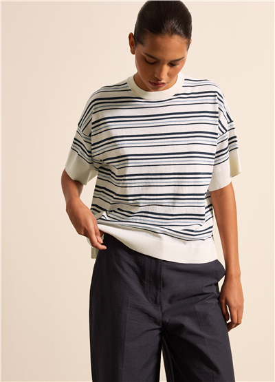 Lurex Detaylı Çizgili Crepe Beyaz Tişört
