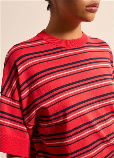 Lurex Detaylı Çizgili Crepe Kırmızı Tişört
