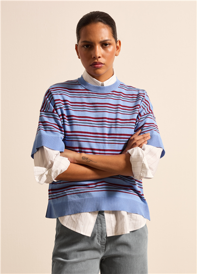 Lurex Detaylı Çizgili Crepe Mavi Tişört