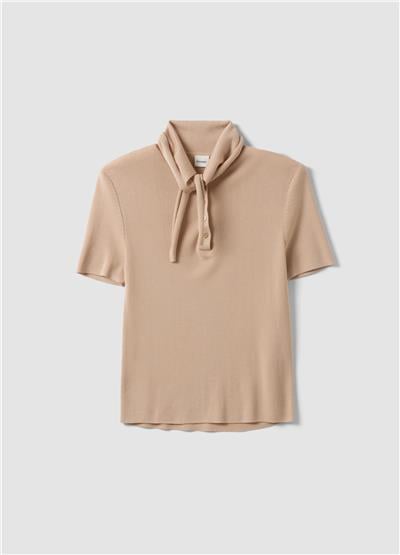 Lyocell-İpek Karışımından Bağcıklı Bej Renkli Kazak