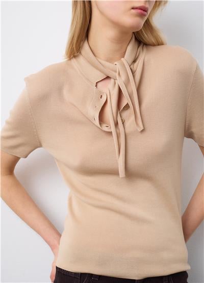 Lyocell-İpek Karışımından Bağcıklı Bej Renkli Kazak