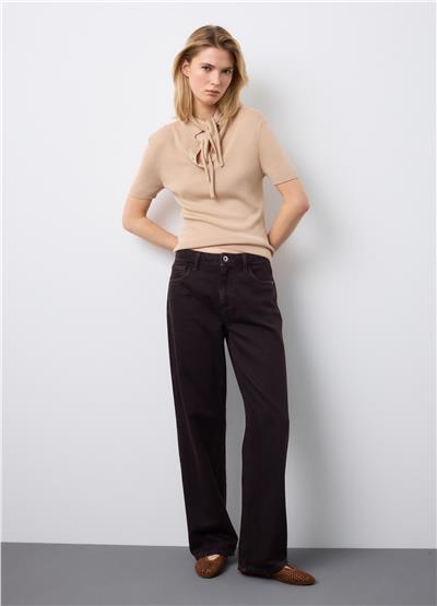 Lyocell-İpek Karışımından Bağcıklı Bej Renkli Kazak