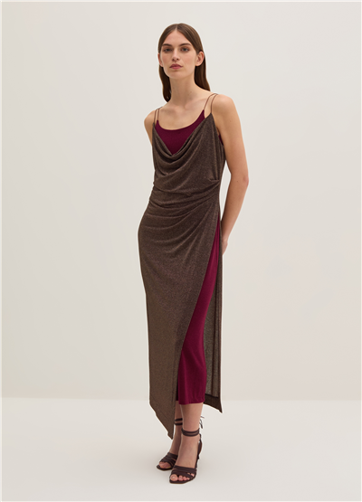 Maksi Yırtmaçlı Simli (Lurex) Askılı Elbise