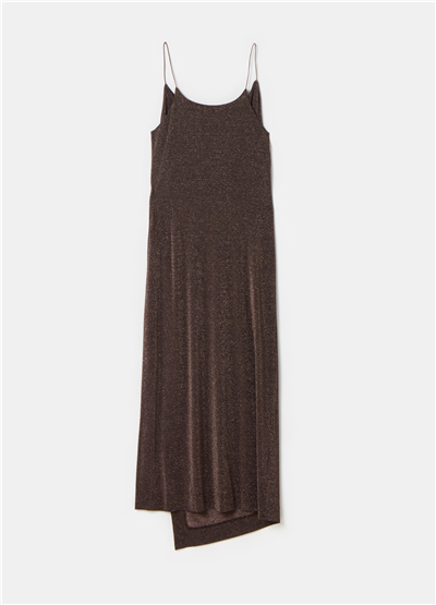 Maksi Yırtmaçlı Simli (Lurex) Askılı Elbise
