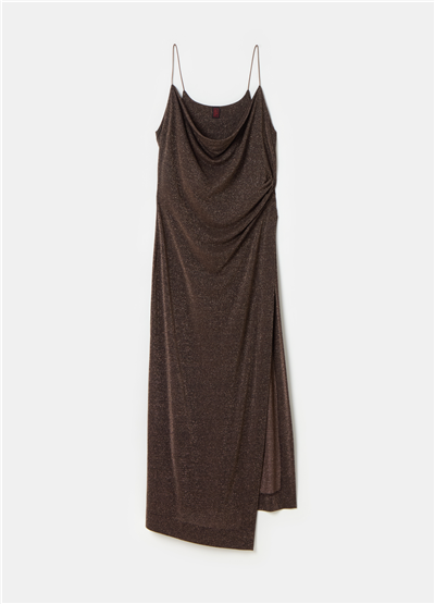 Maksi Yırtmaçlı Simli (Lurex) Askılı Elbise