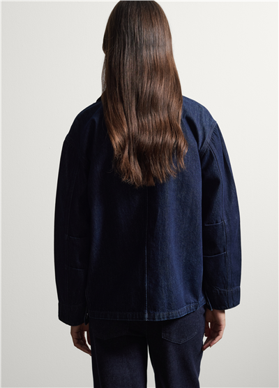 Mavi Kadife Yakalı Oversize Fit Saf Pamuk Denim Ceket