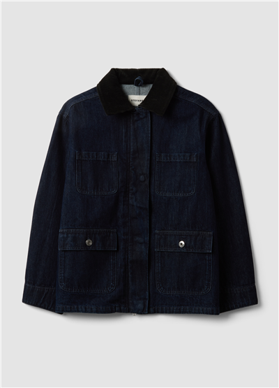 Mavi Kadife Yakalı Oversize Fit Saf Pamuk Denim Ceket