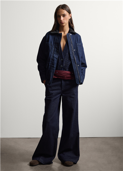 Mavi Kadife Yakalı Oversize Fit Saf Pamuk Denim Ceket