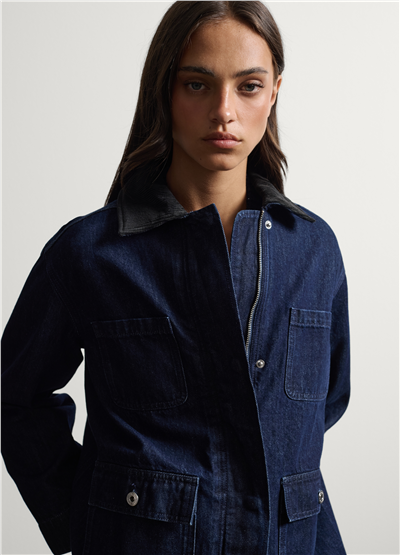Mavi Kadife Yakalı Oversize Fit Saf Pamuk Denim Ceket