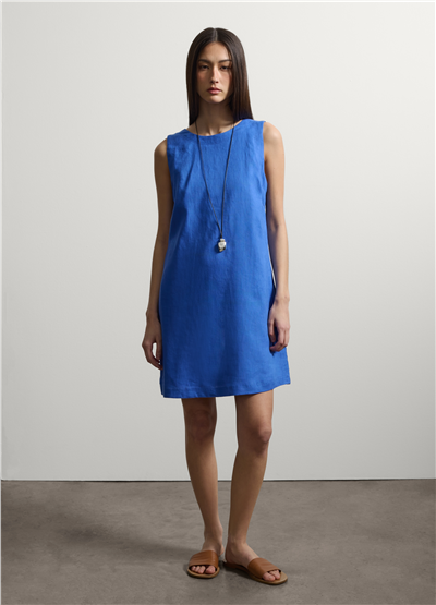 Mavi Kolsuz Keten Mini Elbise Regular Fit
