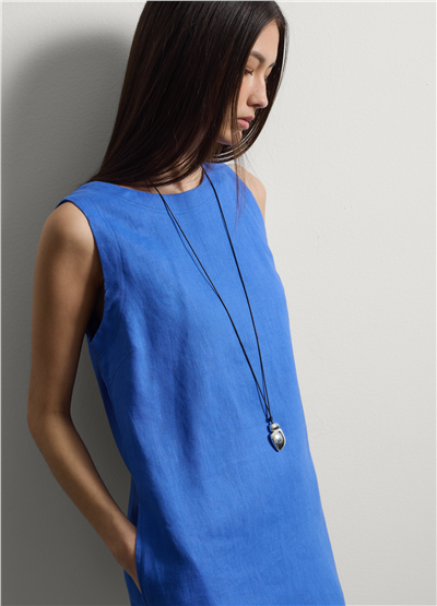 Mavi Kolsuz Keten Mini Elbise Regular Fit