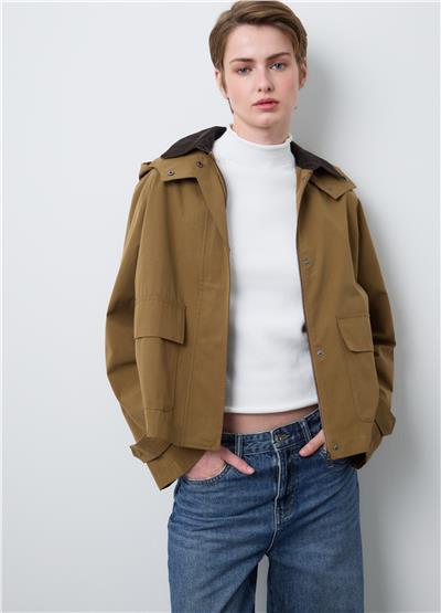 Kahverengi Pamuk Karışımlı Normal Kesim Fermuarlı Ceket