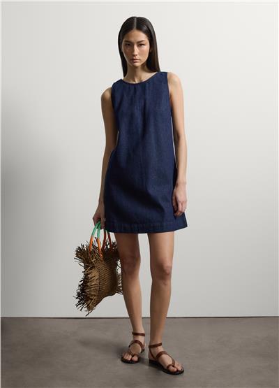 Mavi Pamuk Kolsuz Mini Denim Elbise