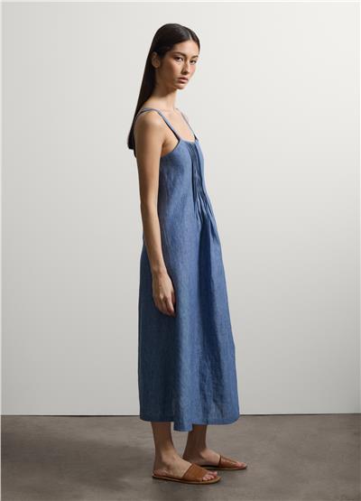 Mavi Pileli Keten Midi Denim Elbise