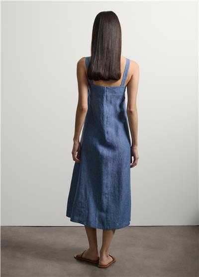 Mavi Pileli Keten Midi Denim Elbise