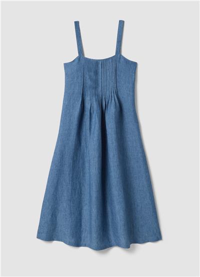 Mavi Pileli Keten Midi Denim Elbise