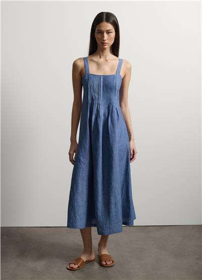 Mavi Pileli Keten Midi Denim Elbise