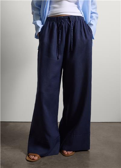 Mavi Saf Keten Bol Paça Jogger Pantolon