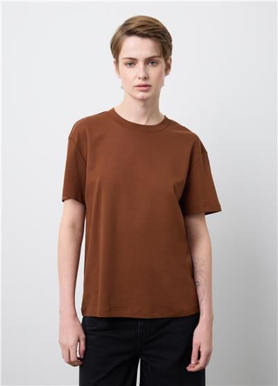 Kahverengi Saf Pamuklu Bisiklet Yakalı Normal Kesim Tişört