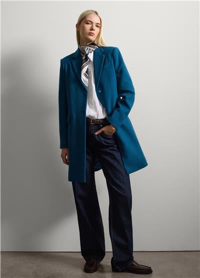 Mavi Midi Yün Karışımlı Palto