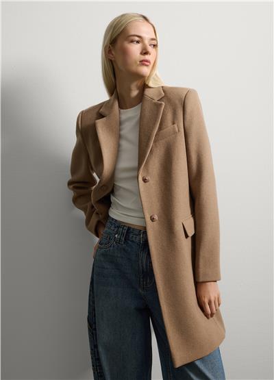 Bej Midi Yün Karışımlı Palto