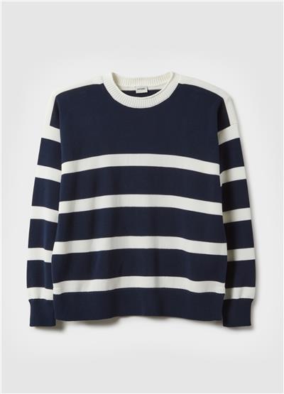 Beyaz Çizgili Ve Bol Kesimli Saf Pamuk Mavi Kazak