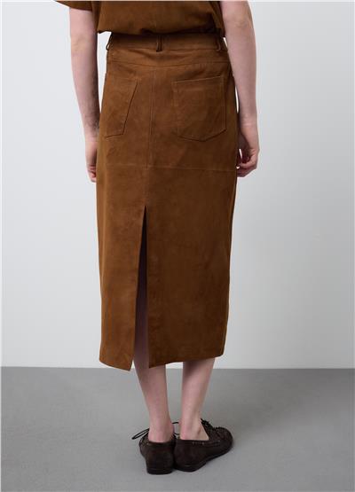 Kahverengi Hakiki Süet Deri Normal Kesim Etek