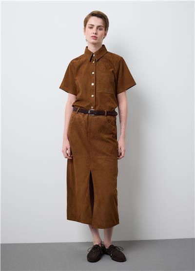 Kahverengi Hakiki Süet Deri Normal Kesim Etek