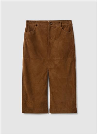 Kahverengi Hakiki Süet Deri Normal Kesim Etek