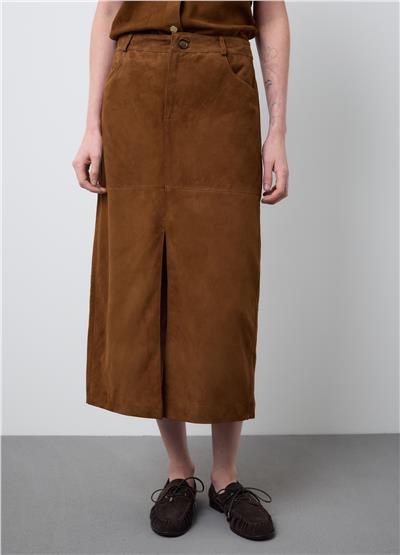 Kahverengi Hakiki Süet Deri Normal Kesim Etek