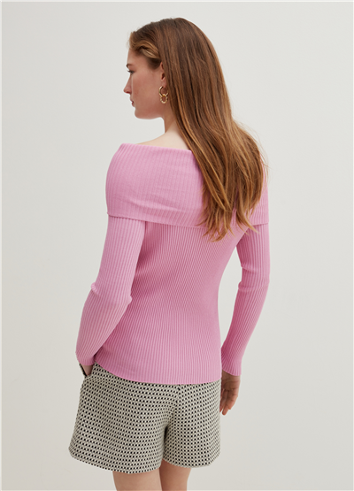 Omuzları Açık Pembe Fitilli Bluz