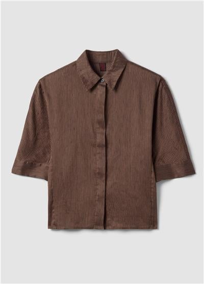 Oversize Kahverengi Keten Karışımlı Gömlek