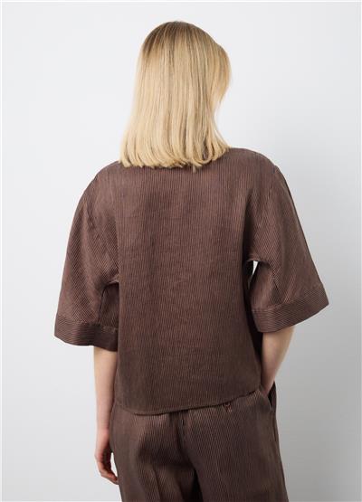 Oversize Kahverengi Keten Karışımlı Gömlek