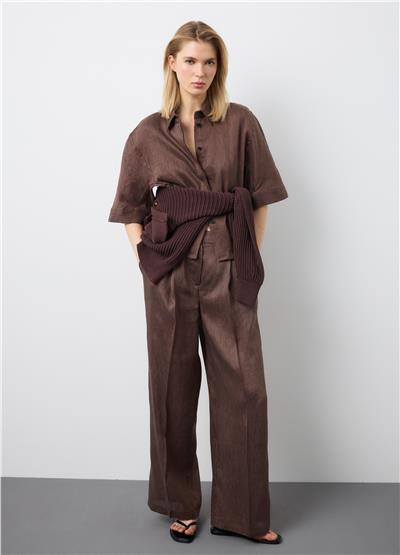 Oversize Kahverengi Keten Karışımlı Gömlek