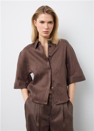 Oversize Kahverengi Keten Karışımlı Gömlek
