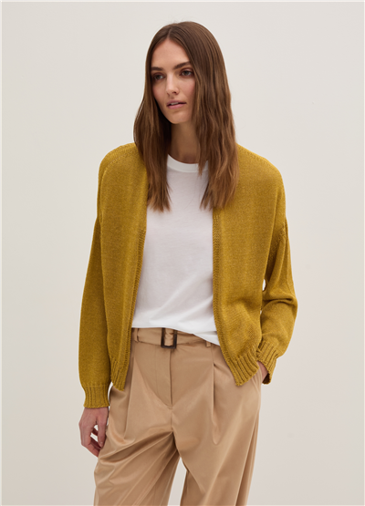 Oversize Önü Açık Dikişsiz Hardal Sarısı Hırka