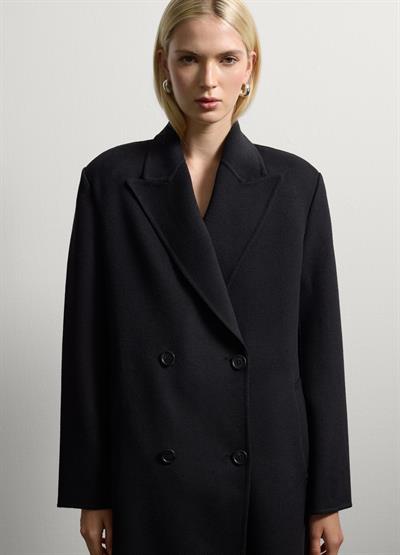 Oversize Siyah Yün Karışımlı Palto