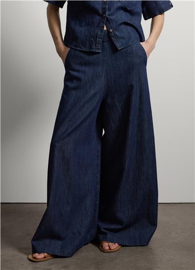 Pamuk Keten Viskon Karışımlı Mavi Bol Paça Denim Pantolon