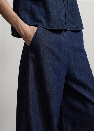 Pamuk Keten Viskon Karışımlı Mavi Bol Paça Denim Pantolon