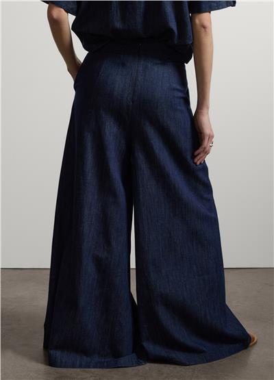 Pamuk Keten Viskon Karışımlı Mavi Bol Paça Denim Pantolon