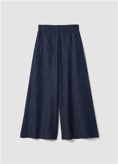 Pamuk Keten Viskon Karışımlı Mavi Bol Paça Denim Pantolon
