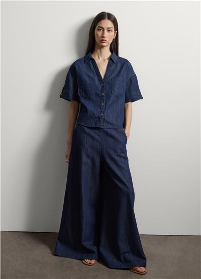 Pamuk Keten Viskon Karışımlı Mavi Denim Oversize Gömlek
