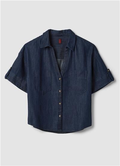 Pamuk Keten Viskon Karışımlı Mavi Denim Oversize Gömlek