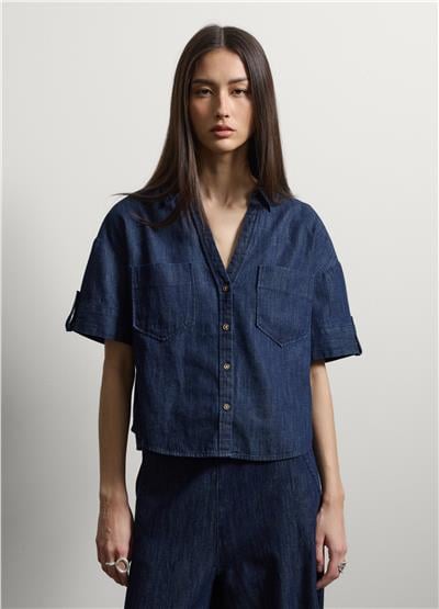 Pamuk Keten Viskon Karışımlı Mavi Denim Oversize Gömlek