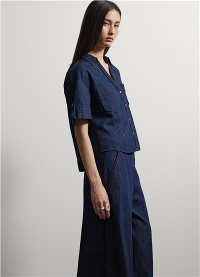 Pamuk Keten Viskon Karışımlı Mavi Denim Oversize Gömlek