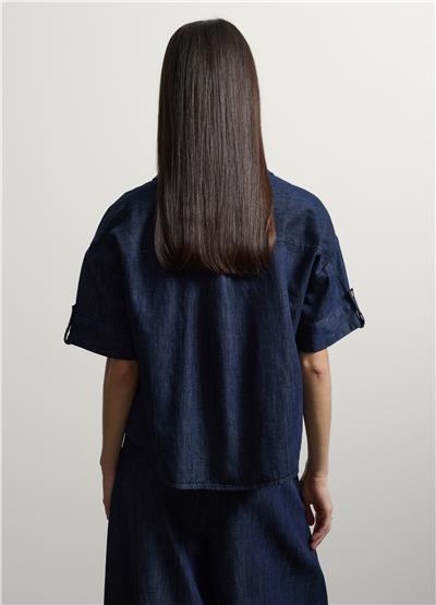Pamuk Keten Viskon Karışımlı Mavi Denim Oversize Gömlek