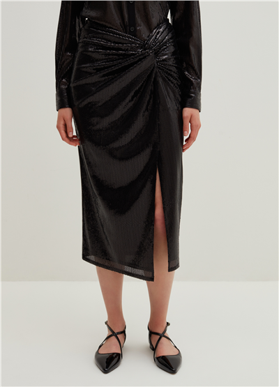 Payetli Ve Düğüm Detaylı Siyah Midi Etek